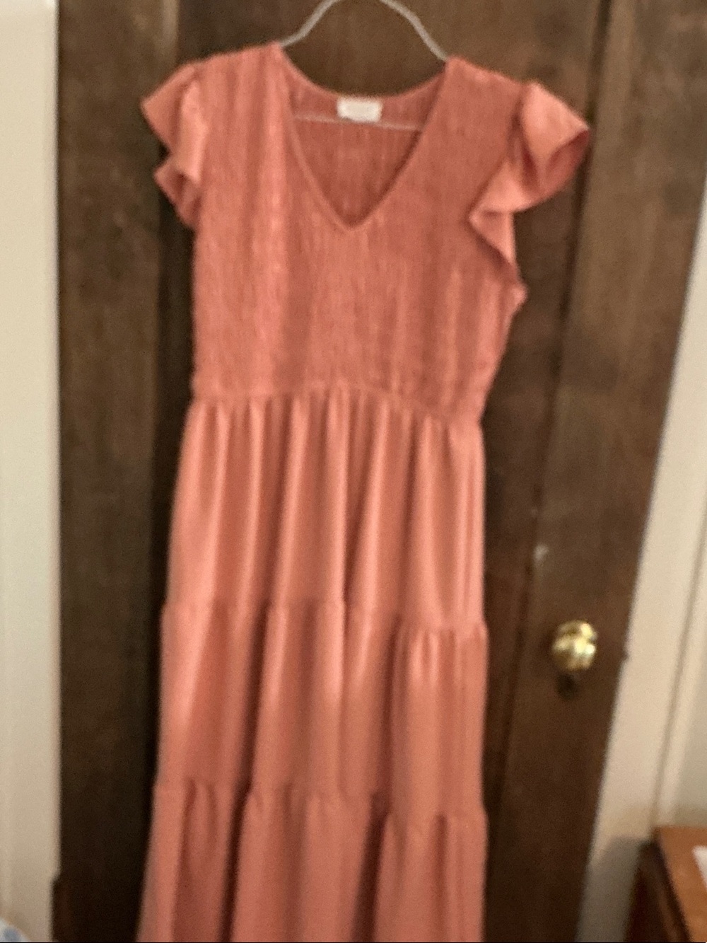 Blu Pepper  maxi dress peach color with v-neckline  and smocked top. size large